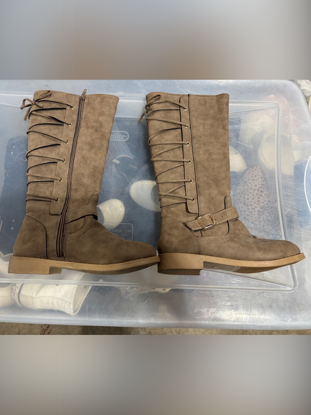 Girl’s Tall Buckle Boots - Taupe size 2